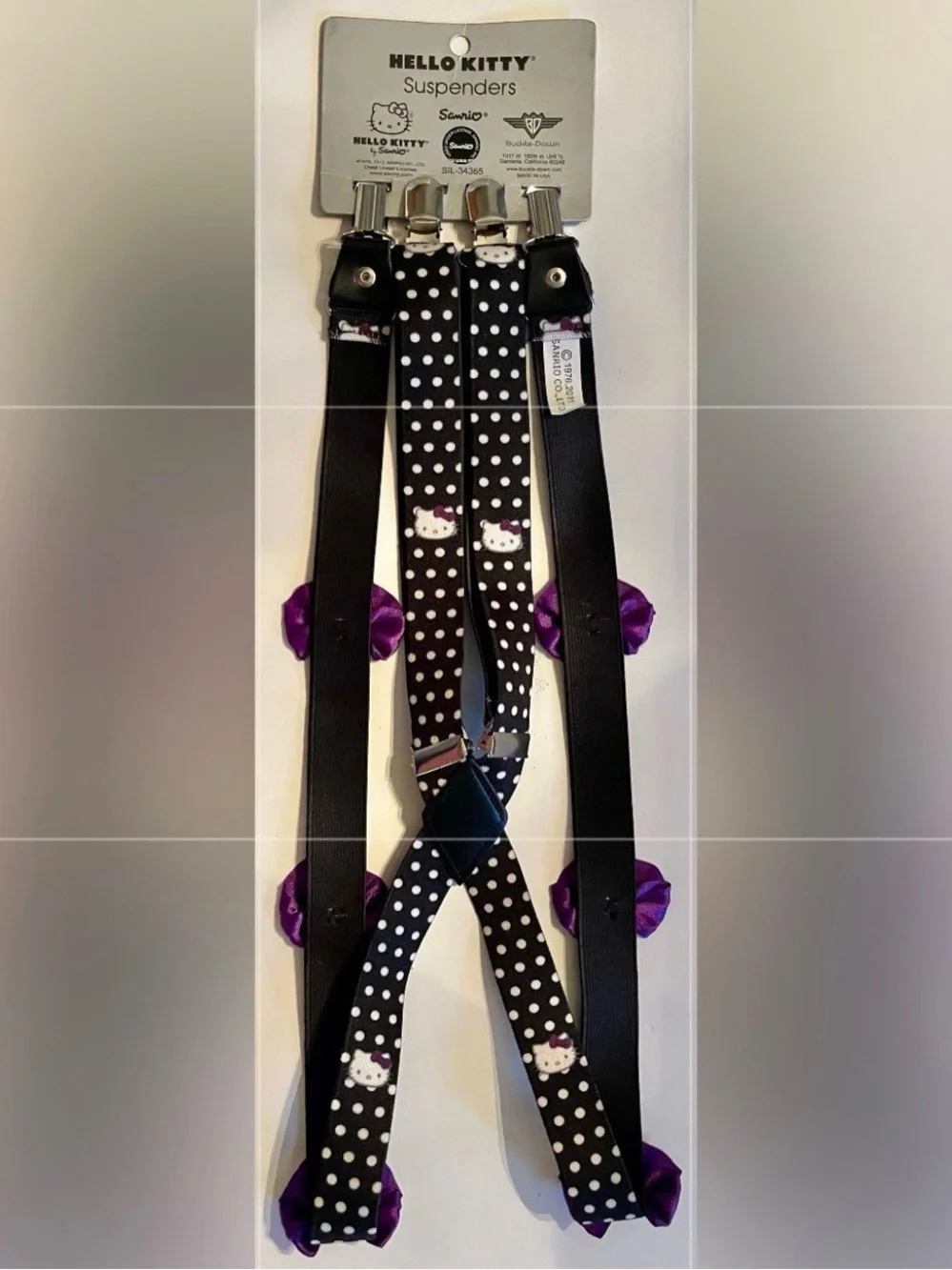Hello Kitty Black Polka Dot Kids Suspenders with Purple Flower Accents